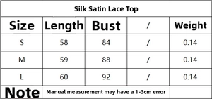 Tableau des tailles détaillé pour le haut en satin et dentelle avec dimensions S, M et L