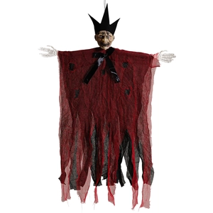 Detail of hanging Halloween ghost with black crown and tattered red and black gauze robes