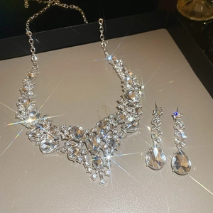 Detailed macro view of the sparkling rhinestone water drop necklace and earring set