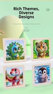 Detail view of 4-pack cartoon animal wooden puzzles including tiger and dinosaur