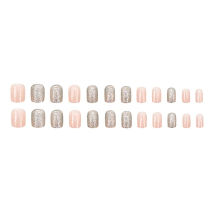 French style short pink and silver glitter press-on nails set with 24 pieces