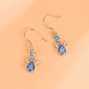 S999 Sterling Silver Reindeer Antler Drop Earrings with Blue Zircon Crystals