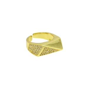 Macro shot of gold plated geometric ring featuring pavé set zircon crystals