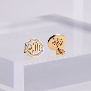 Elegant gold titanium steel earrings with Roman numerals and sparkling cubic zirconia stones