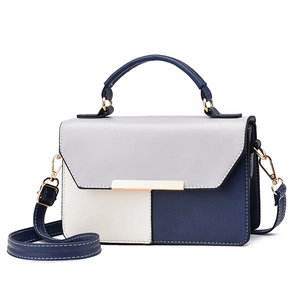 Three-tone panel handbag in blue, white, and grey PU leather with gold metal buckle