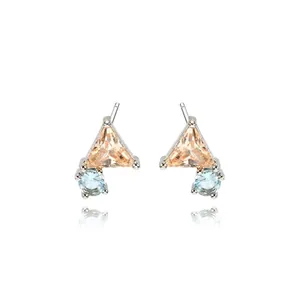 Fashion geometric earrings with champagne triangle and blue round zirconia in silver