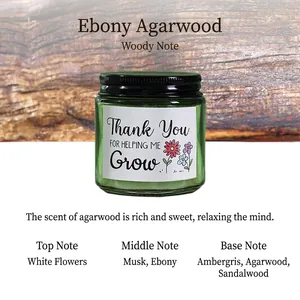 Geurkaars in groen glas met zwart deksel en Thank You bloemenetiket
