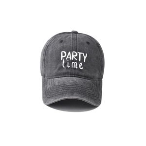 Vintage washed charcoal cotton baseball cap with white PARTY time embroidery lettering