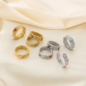 Classic twisted rope ring set with colorful X-shaped enamel inlay in gold and silver