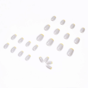 Dark grey French false nails with bright yellow tips in a 24pcs square round set