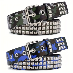 Punk Y2K camouflage rivet belts with triple silver pyramid studs and metal buckles