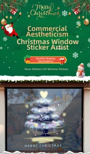 Détail de sticker statique sapin de Noël avec texte Merry Christmas sur vitre
