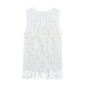 Gilet bianco in maglia all'uncinetto senza maniche con motivi traforati e lunghe frange