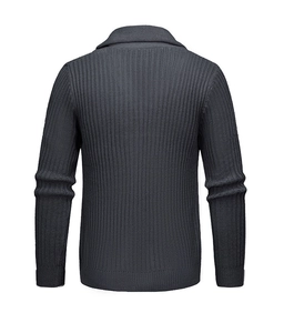 Back view of dark grey knitted cardigan for men featuring thick textured ribbing