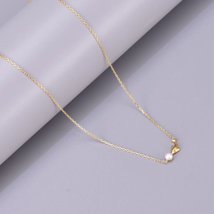 Gold stainless steel necklace with a delicate dolphin pendant and a freshwater pearl