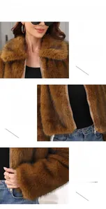 Detail der Kunstpelzjacke mit brauner Langhaar-Textur und großem Revers-Design