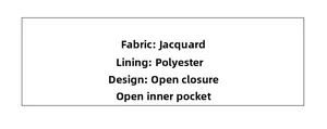 Detail list of jacquard shoulder bag featuring polyester lining and open pocket design