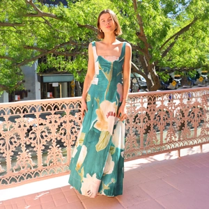 Detailed view of French vintage floral long dress with square neck and tropical blue-green print