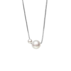 Elegant minimalist silver box chain necklace featuring two luminous white pearls