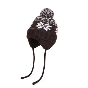 Winter knit earflap hat for kids in dark brown with snowflake pattern and pompom