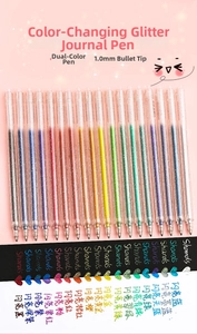 Detail of 20 colors glitter gel pens set with 1.0mm tips and sparkling ink on paper
