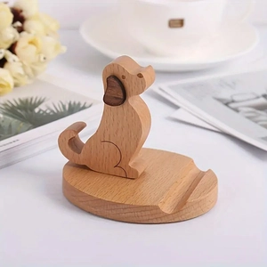 Macro shot of cute wooden dog smartphone stand on a bright minimalist white desk