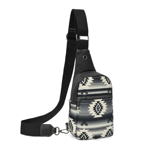 Detail view of ethnic geometric canvas crossbody bag with silver zippers and black strap
