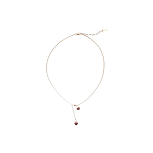 Golden stainless steel Y-shaped necklace with two red heart pendants on white background