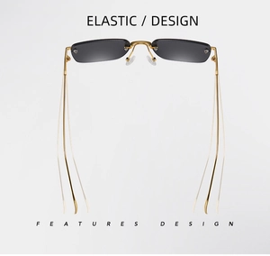 Detail showing elastic metal temple design of rimless square gradient lens sunglasses