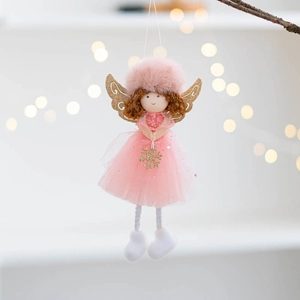 Detail showing a pink plush angel doll with gold glitter wings and sequined tulle skirt
