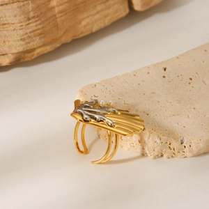 Two-tone stainless steel open ring with silver coral motif and mini pearls on stone