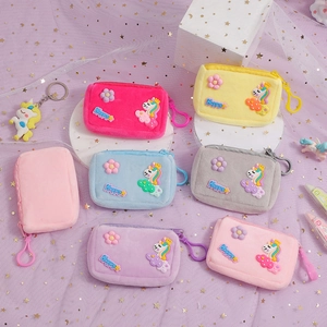 Plush unicorn coin purses with Happy embroidery and clips in colorful soft faux fur