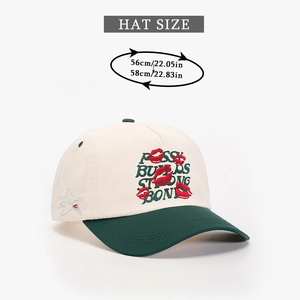 Detail showing red lips and FUSS BUILDS STRONG BONE embroidery on a cotton baseball cap