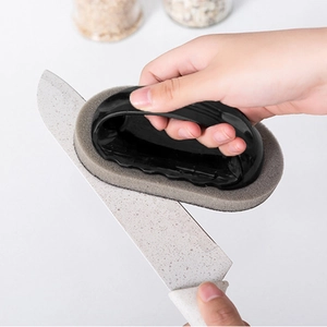 Kitchen scouring sponge brush with ergonomic handle for cleaning knives and cookware