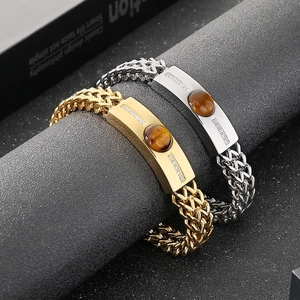 Men's hip hop tiger eye stone bracelet with pavé zircons and wheat chain link