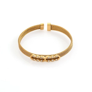 Golden cable wire woven open cuff bracelet with sparkling crystal double ring inlay