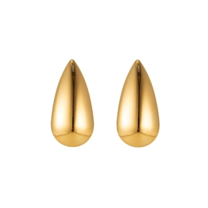 Macro detail of glossy golden teardrop earrings showing the polished metal surface