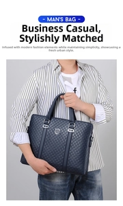 Detail of navy blue leather business briefcase featuring repeating G-shaped embossed patterns