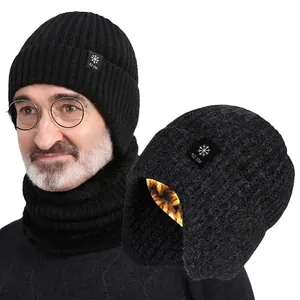 Men's winter thick knit hat and neck warmer set with thermal fleece lining for elders