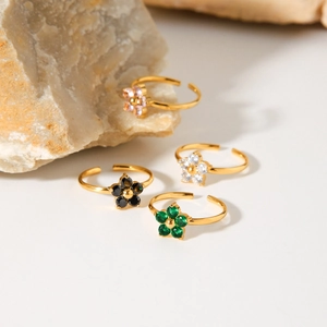 Adjustable stainless steel floral ring with colorful zircon petals in four vibrant shades