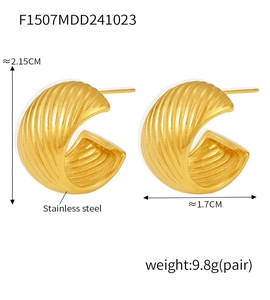 Detailed view of 18k gold plated stainless steel C-shaped textured earrings with measurements