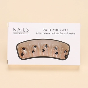 Close-up of short almond false nails box with 24 black star and glitter nail patches