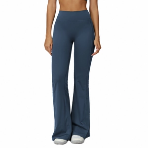 High waist flared yoga pants in steel blue matte fabric for fitness and running