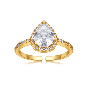 Detailed view of luxury gold pear-shaped zircon halo ring with adjustable open band