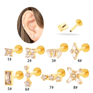 Titanium piercing jewelry with white cubic zirconia in gold finish showing 8 various shapes