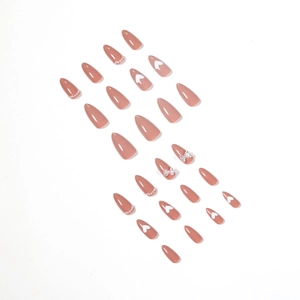 Milk tea almond press-on nails with 3D silver butterflies, pearls and heart designs