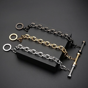 Industrial punk style stainless steel chain bracelets with bolt-shaped OT toggle clasps