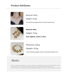 Detail view of gold flower necklace, earrings and bracelet set with dimensions
