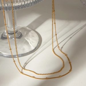 Minimalist double layer 18k gold stainless steel bead chain necklace for women