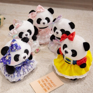 Set of five plush panda dolls wearing elegant princess dresses and matching bows
